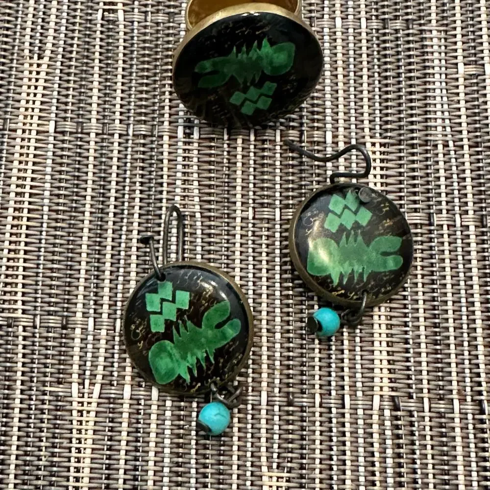 Artisan Jewelry Set Black Green Boho Jewelry Adjustable Ring Earring Lot of 2
